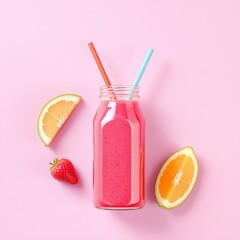 Vibrant pink fruit smoothie in a glass bottle with fresh strawberry and orange slices on a solid light pink background, viewed from above