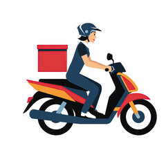 Delivery Person Rides Scooter with Red Insulated Box Wearing Blue Uniform and Helmet on Transparent Background