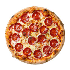 Delicious Whole Pepperoni Pizza With Golden Crust And Melted Mozzarella Cheese Isolated On Black Background