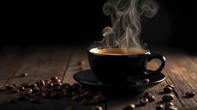 Enjoy a steaming cup of coffee with scattered beans on a rustic wooden table, perfect for cozy mornings and rich flavor experiences, an enticing addition to your visual collection