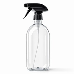 Clear glass spray bottle with black trigger head and long dip tube, isolated on white background