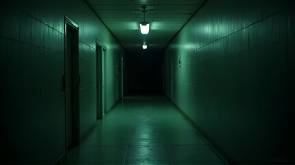 Enter the eerie hallway bathed in unsettling green light, perfect for suspenseful scenes, mystery thrillers, or exploring psychological horror concepts in film and design projects