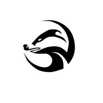 Dynamic, circular badger or otter logo in black and white. This stylized, curving design symbolizes agility, speed, and determination, ideal for modern brand identity.