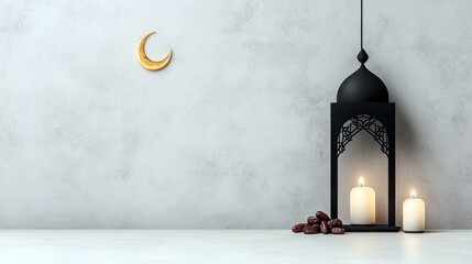 A Ramadan lantern with lit candles and dates sits on a surface, with a golden crescent moon on a textured wall in the background.