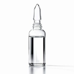 Clear glass ampoule containing a transparent liquid, likely a pharmaceutical solution, isolated on white background