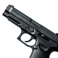 Detailed Close Up Of A Black Semi Automatic Pistol With Chrome Accents Against A Transparent Background Soft Studio Lighting
