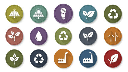 Flat Design Ecology and Renewable Energy Icons Set - Environmental Sustainability Vector Illustration Collection