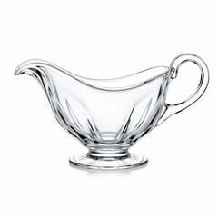 Elegant clear glass gravy boat with handle and pedestal base, perfect for serving sauces and dressings isolated on white background