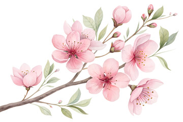 A soft watercolor set of pink flowers, including blossoms, petals, and delicate floral branches. Isolated on a transparent background, ideal for wedding stationery, feminine branding, spring designs, 