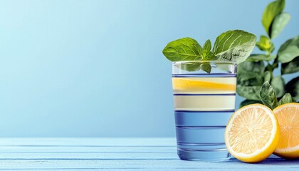 A close-up shot of a clear glass filled with a layered beverage, garnished with fresh mint leaves and accompanied by two halves of a lemon.