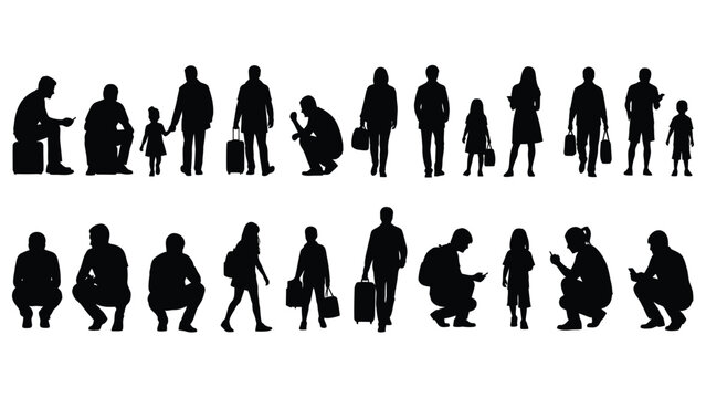 Diverse Crowd People Silhouettes Set: Travelers, Adults, and Children Standing, Crouching, and Using Phones