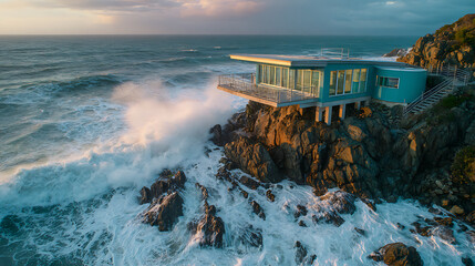 Modern teal house perched on rocky cliff overlooking stormy ocean waves modern house cliffside