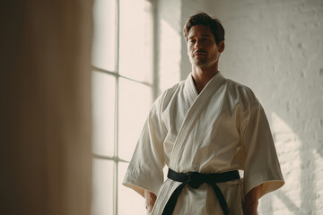 Focused male martial artist in white gi and blackbelt standing confidently by a sunlit window in a dojo, embodying discipline and calm strength