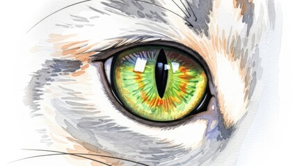 Cat Eye Watercolor Painting on White - A close up watercolor painting of a cat's eye, featuring green and orange tones on a white background