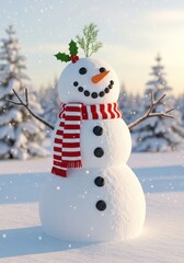 Obraz premium Cheerful Snowman in Winter Wonderland - A festive snowman with a red striped scarf stands in a snowy landscape, symbolizing joy, peace, hope, magic, and celebration during winter