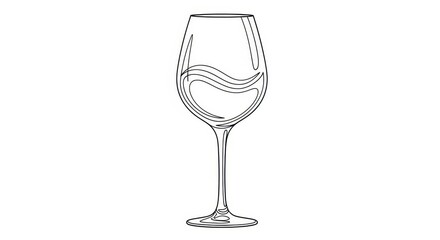 Elegant minimalist line art illustration of a wine glass with abstract liquid swirl
