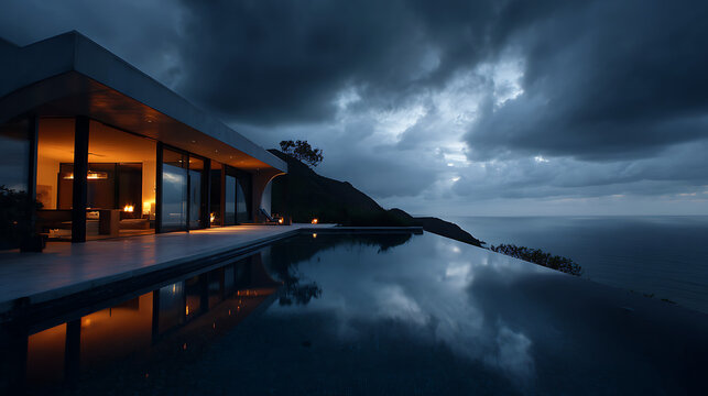 Modern villa with infinity pool overlooking ocean under stormy skies ocean view stormy sky - Powered by Adobe