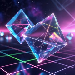 Bentuk bercahaya futuristik pada latar belakang kisi neon