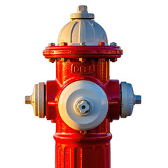 Detailed Fire Hydrant In Bright Red And White With Shiny Metal Accents Bathed In Warm Sunlight Against A Transparent Background