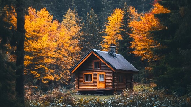 A cozy wooden cabin with smoke rising from the chimne and asurrounded by tall autumn trees