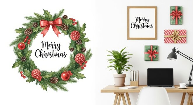 Christmas Wreath and Festive Home Decor - A festive watercolor Christmas wreath and cozy home office setup with holiday decor. Perfect for seasonal greetings and warm wishes