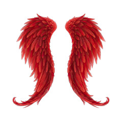 Detailed Illustration of Vibrant Red Angel Wings Isolated on Transparent Background Soft Shading Realistic Feathers Textured Appearance Mystical Fantasy Element