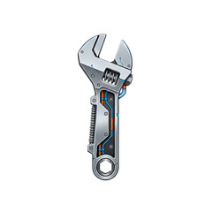 Detailed Metallic Wrench With Integrated Clockwork And Futuristic Circuits Isolated On Black Background Representing Mechanical Precision And Time Management Concepts