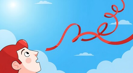 Person gazing at red ribbon floating in bright blue sky.