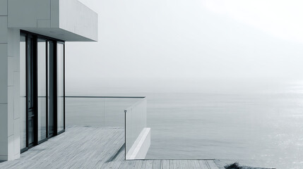 Modern white building with glass doors and balcony overlooking calm ocean modern architecture ocean view
