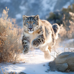 Magnificent snow leopard running through winter mountain landscape with striking blue eyes and spotted fur