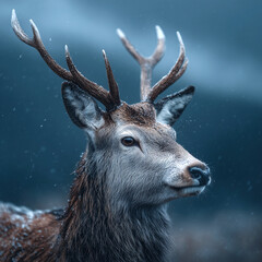 Majestic deer stag with antlers in winter snowfall portrait with blue atmospheric background