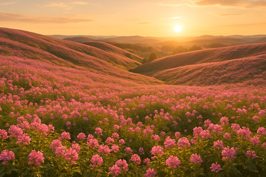 Rolling hills covered with pink wildflowers  