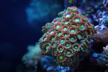 Vivid close-up of anemone coral with green and red polyp heads in dark blue aquatic setting, emphasizing sharp focus for marine life documentaries and environmental projects.