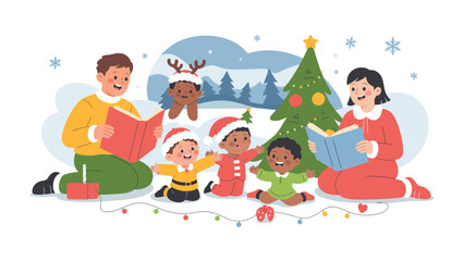 Christmas Storytime: A festive scene unfolds with a group of diverse children gathered around a decorated tree, listening attentively to their parents reading storybooks.