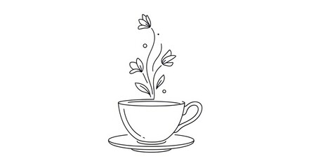 Floral essence emerging from a teacup, a delicate drawing expressing tranquility and a touch of