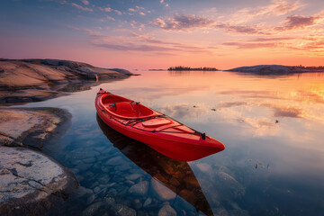 Red kayak moored in crystal-clear coastal waters at a pastel sunset, serene rocky shoreline and island silhouettes under a cloud-streaked sky