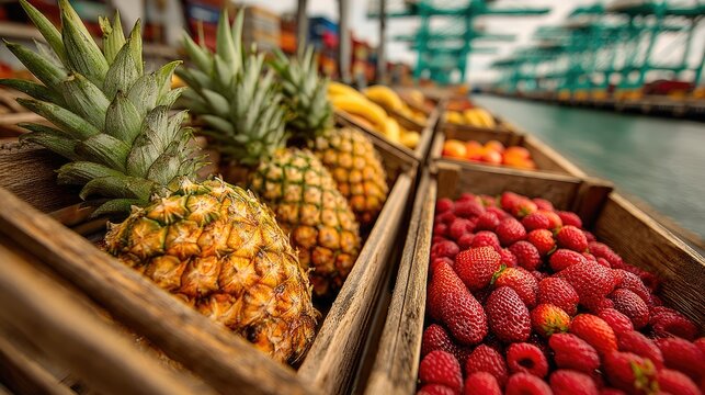 Fresh Tropical Pineapples and Strawberries Displayed in Rustic Wooden Crates at a Busy Port Market