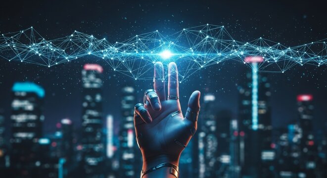 Connecting Cities Through Networks - A robotic hand interacts with a glowing network above a futuristic city, symbolizing progress, innovation, connectivity, artificial intelligence, and