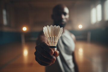 Focused badminton player holding shuttlecock to camera in moody indoor gym — close-up sports portrait capturing determination and technique