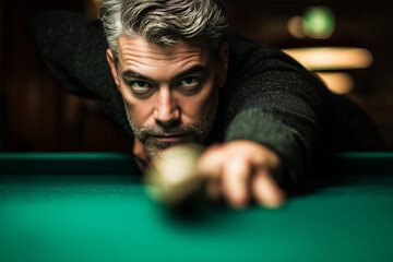 Intense close-up of a focused man lining up a cue on a green pool table, concentrating on a precise shot in a moody billiards room