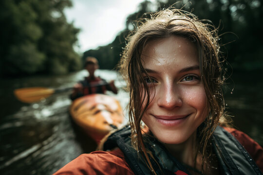 Smiling young woman with wet hair in a lifejacket kayaking on a forest river — close-up portrait capturing joyful summer adventure and outdoor water fun