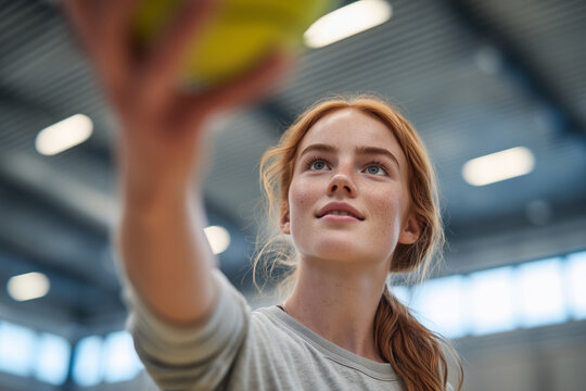 Focused young redhead athlete reaching for a ball in an indoor gym — close-up portrait capturing motion, determination and athletic energy