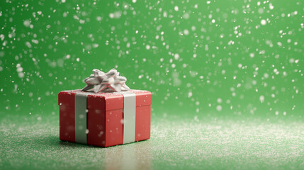 Ai bright red gift box with white ribbons sits on a green background surrounded by falling snowflakes during the holiday season