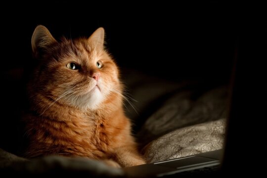 Feline friend enjoys late-night laptop adventure. Smartphone att