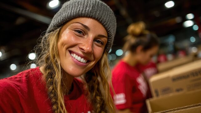 Happy Volunteer Woman Working at Donation Center in Red Shirt - Powered by Adobe