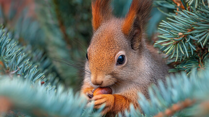 Ai squirrel enjoying a nut in a pine tree during a sunny afternoon in the woodland
