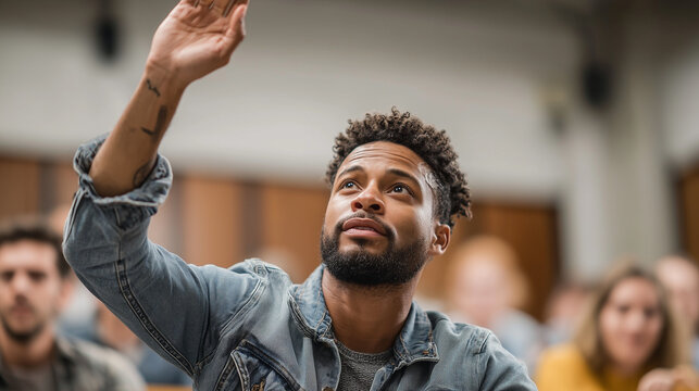 Ai student engages in lively classroom discussion during a morning lecture at a university, rising his hand up