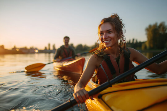 Smiling young woman kayaking at sunset with partner — golden-hour paddling on calm water, outdoor adventure, leisure and joyful travel moments
