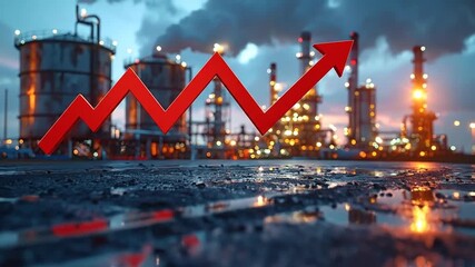Symbolic red arrow indicating economic growth and rising energy sector performance amidst an industrial factory complex, reflecting market trends and global financial impact - Powered by Adobe