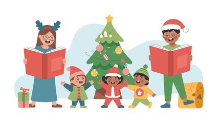 Joyful Christmas Carolers: A cheerful group of carolers, ranging from young children to adults, joyfully sing Christmas carols. A festive Christmas tree, adorned with ornaments.